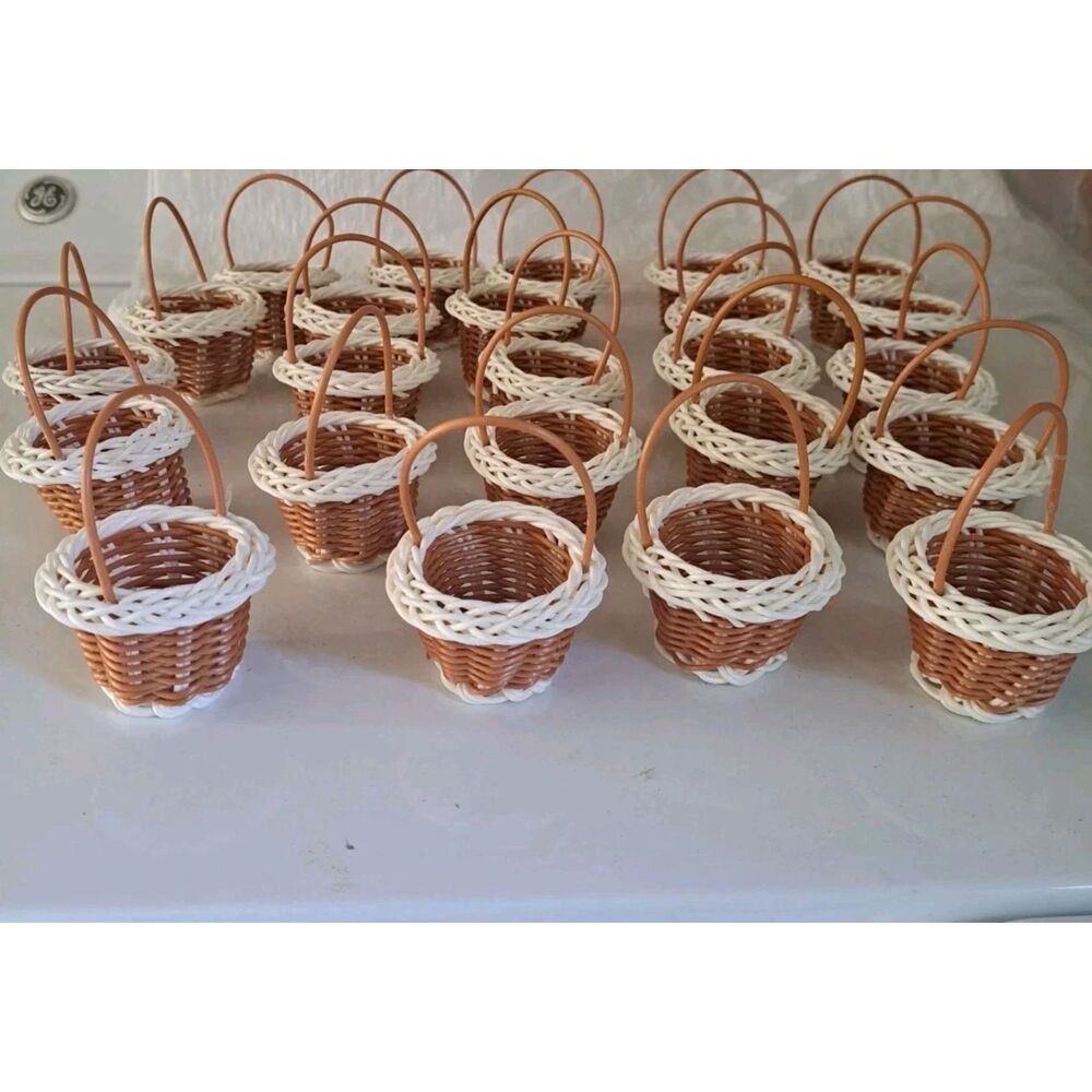 24 Lot Small Woven Basket with Handle - Brown and White For Crafts, Wedding
